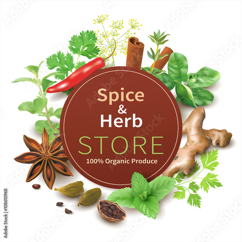 Spice and herb store background. Vector illustration.