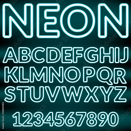 Blue neon light alphabet.Vector