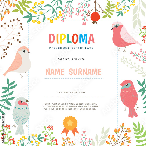 Certificate diploma with Floral and bird. Vector Illustration.