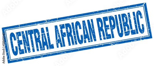 Central African Republic blue square grunge stamp on white