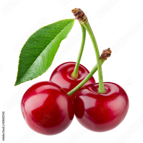 Cherry with leaves isolated on white background.