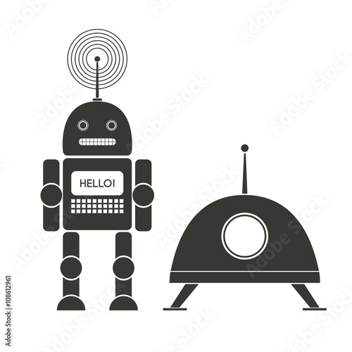 Robot and spaceship. Vector illustration.