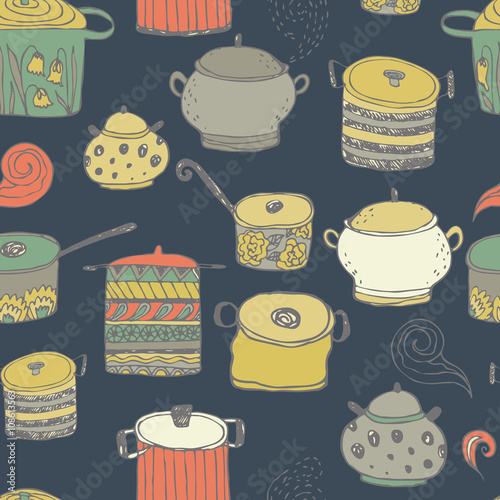Cute cooking pots and lettering. Seamless vector pattern. Trendy background for scrapbook paper, textile, web and packaging.