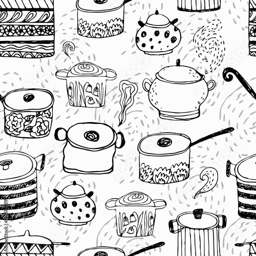 Cute cooking pots and lettering. Seamless vector pattern. Trendy background for scrapbook paper, textile, web and packaging.