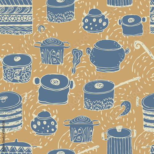 Cute cooking pots and lettering. Seamless vector pattern. Trendy background for scrapbook paper, textile, web and packaging.