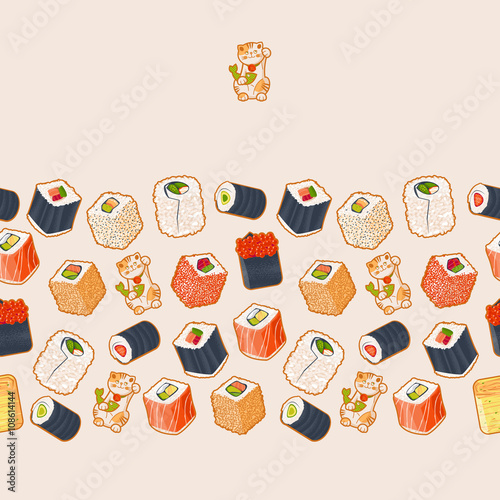 Sushi rolls and lucky cat with fish. Template.