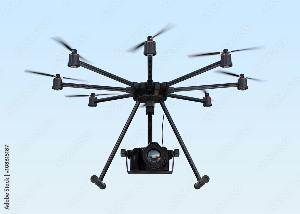 Octocopter with DSLR camera flying in the sky. 3D rendering image.