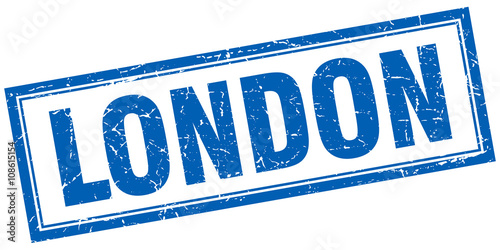 London blue square grunge stamp on white