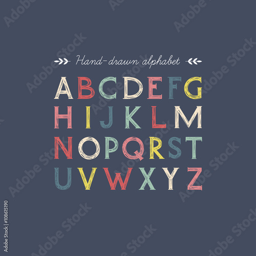 Hand drawn alphabet. Serif elegant light font. Vector illustration.