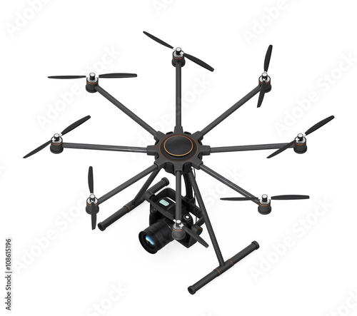 Octocopter with DSLR camera isolated on white background. 3D rendering image with clipping path. © chesky