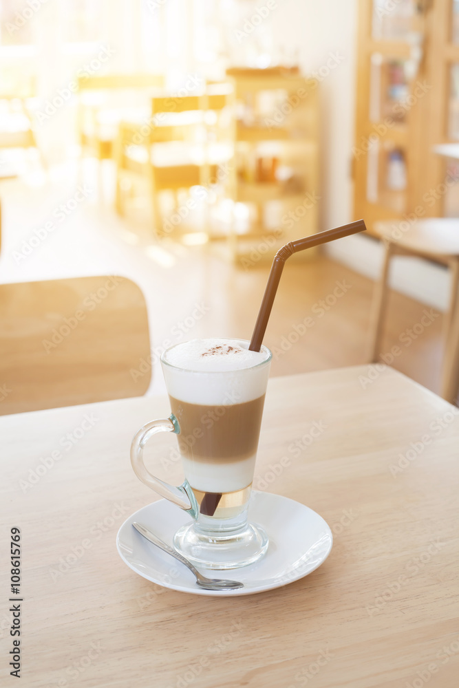 Cup of Hot Latte Layer Coffee on wood table Cup of Hot Latte Layer Coffee on wood table