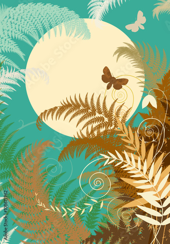 Vertical background with the image of fern and other plants