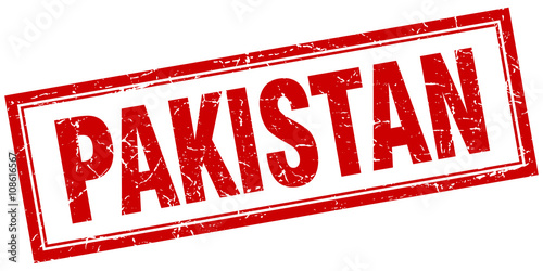 Pakistan red square grunge stamp on white