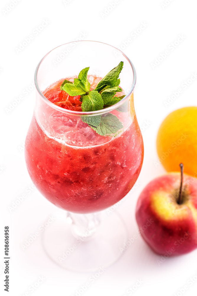 fresh red smoothie with mint leaf in glass isolated on white background, strawberry, red currant, orange and apple drink, product photography for healthy lifestyle fresh red smoothie with mint leaf in glass isolated on white background, strawberry, red currant, orange and apple drink, product photography for healthy lifestyle