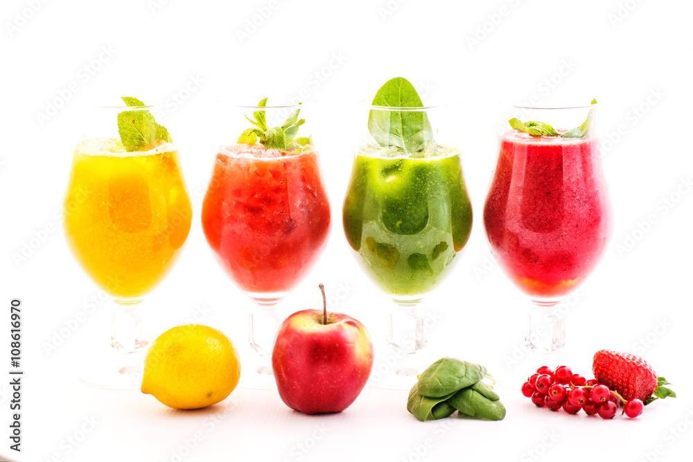 healthy colorful smoothies with fresh fruits isolated on white background. Detox and diet food concept and background healthy colorful smoothies with fresh fruits isolated on white background. Detox and diet food concept and background