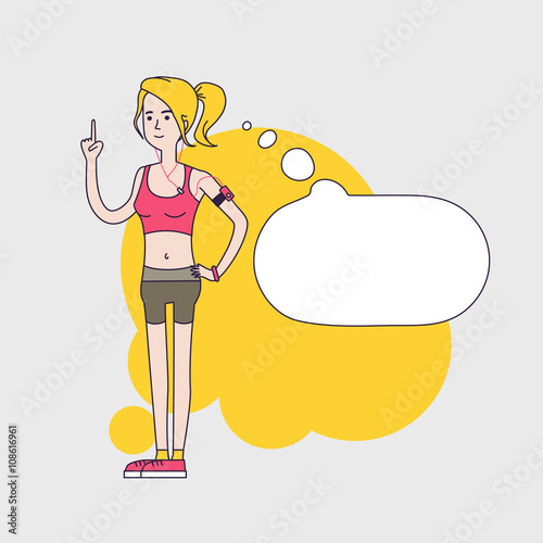 athletic slim woman with cartoon empty bubble.. Woman Fintess characters wearing short leggings and short top. Linear flat design