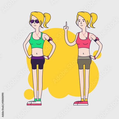 Vector illustration of two fit young women in sportswear. Woman Fintess characters wearing short leggings and short top. Sports jogging for health. Linear flat design.