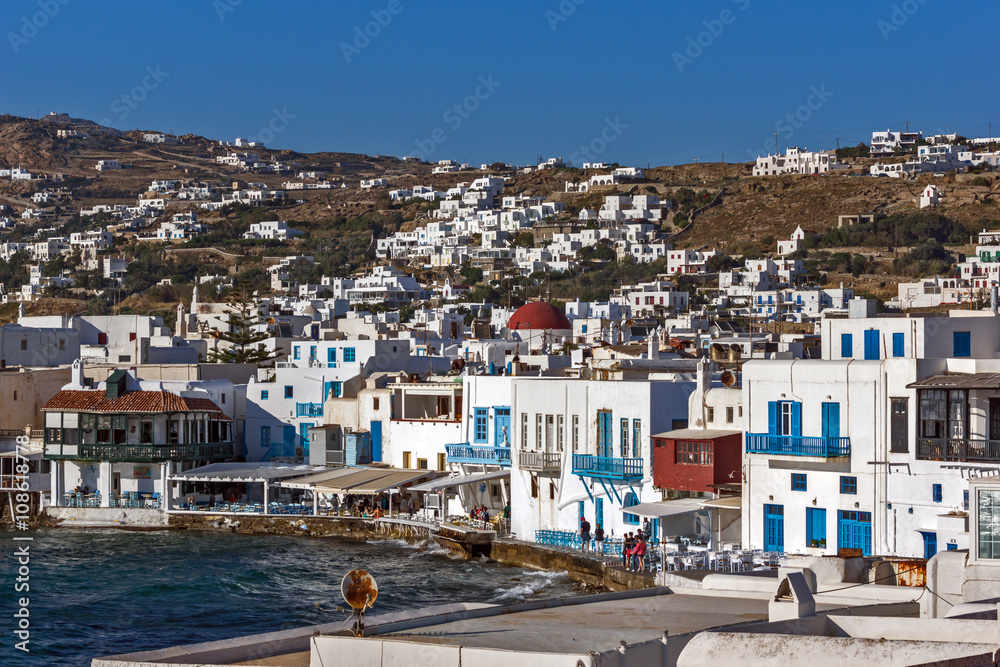Panoramic view to main town of island of Mykonos, Cyclades, Greece