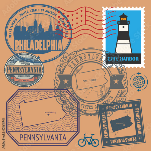 Stamp set with the name and map of Pennsylvania, United States