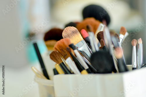 Many brushes for makeup in natural light