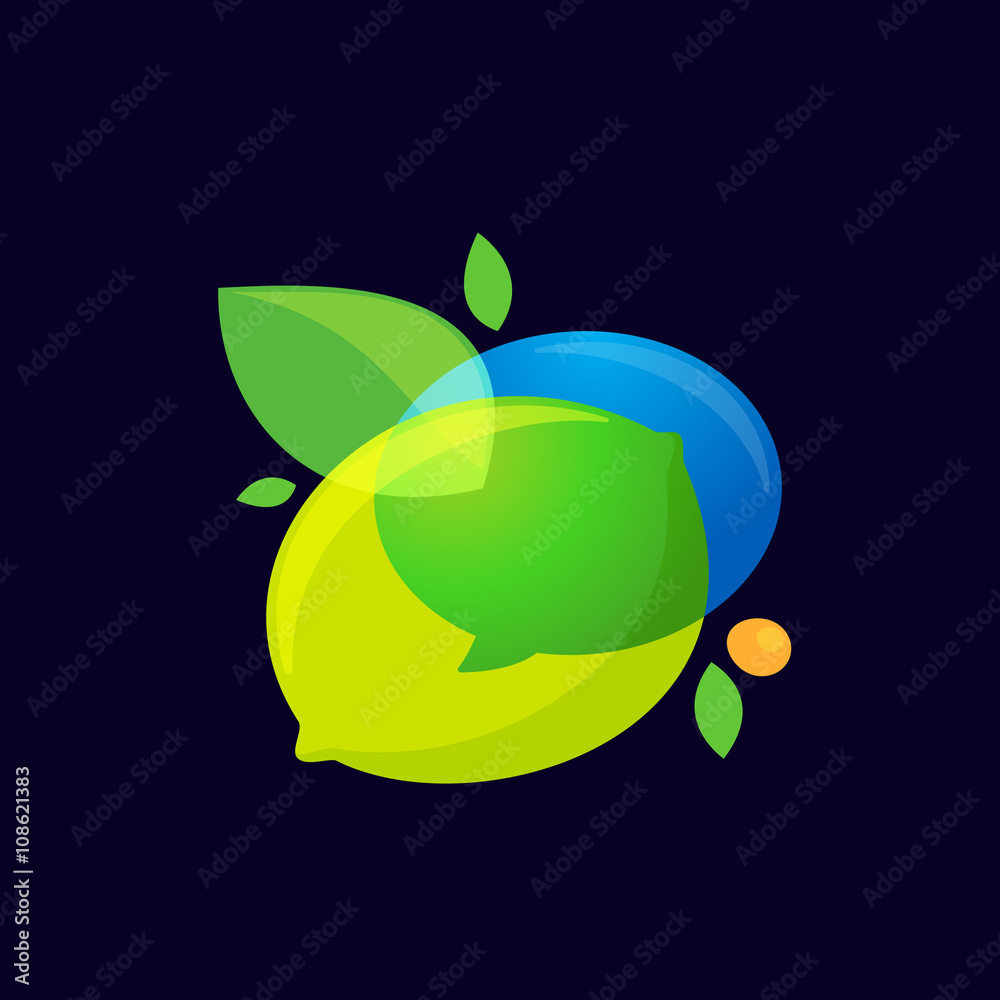 Speech bubble with green leaf logo.