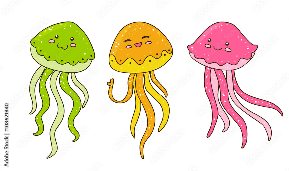 Fototapeta premium Cute cartoon jellyfishes isolated on white