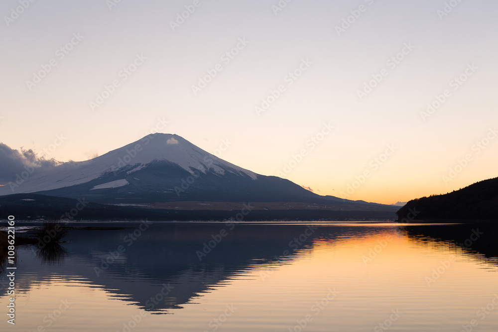 Mountain Fuji and lake at evening