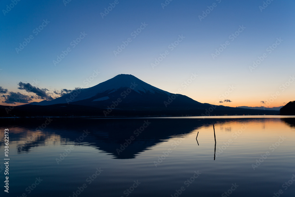 Fuji and lake at sunset