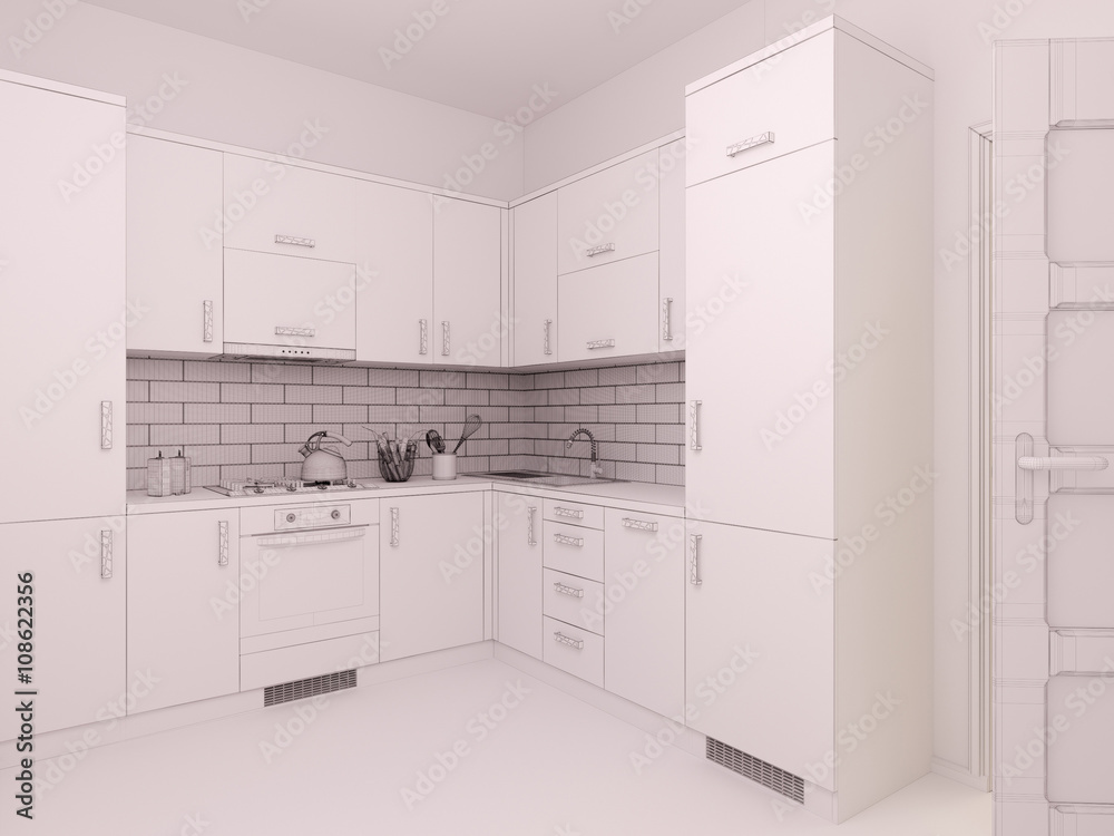 3D visualization of interior design kitchen in a studio apartment 3D visualization of interior design kitchen in a studio apartment