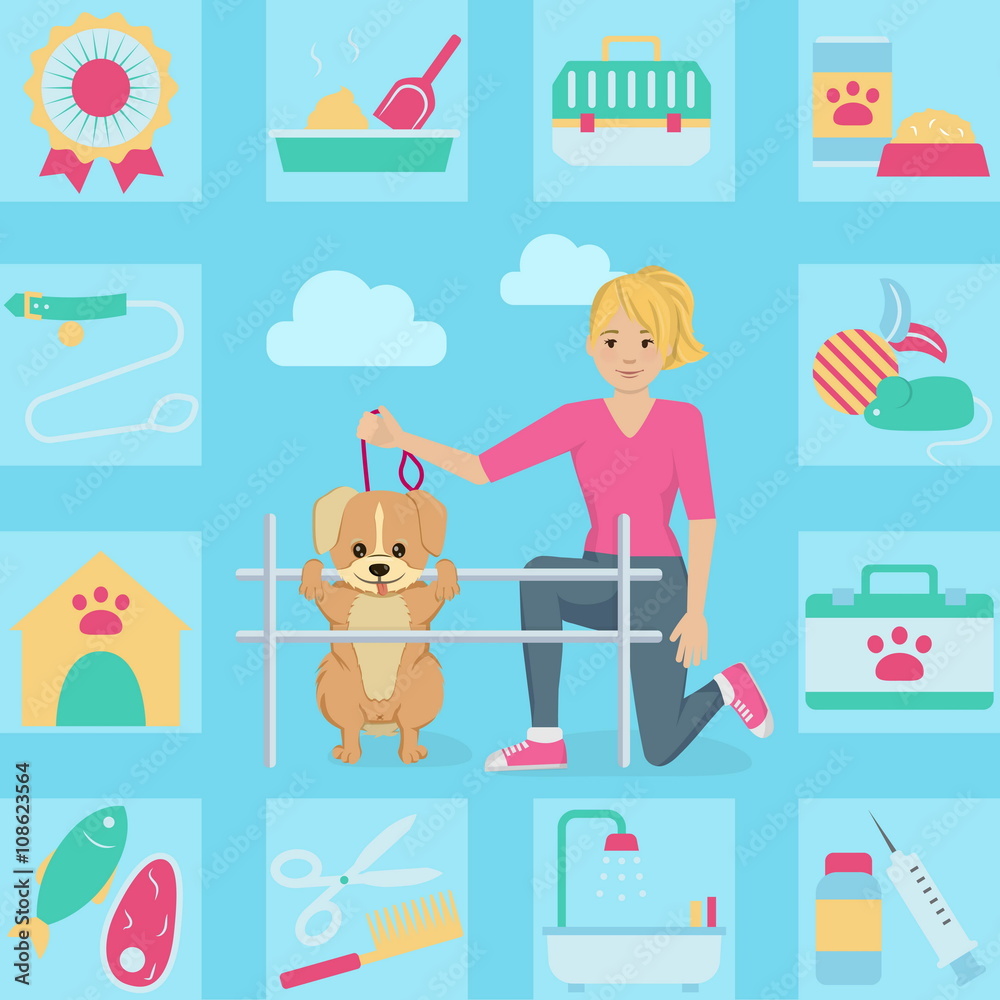 Woman with her pet dog in the park doing agility activity illustration. Bonus: keep a pet icon set. Flat minimalistic style. Woman with her pet dog in the park doing agility activity illustration. Bonus: keep a pet icon set. Flat minimalistic style.