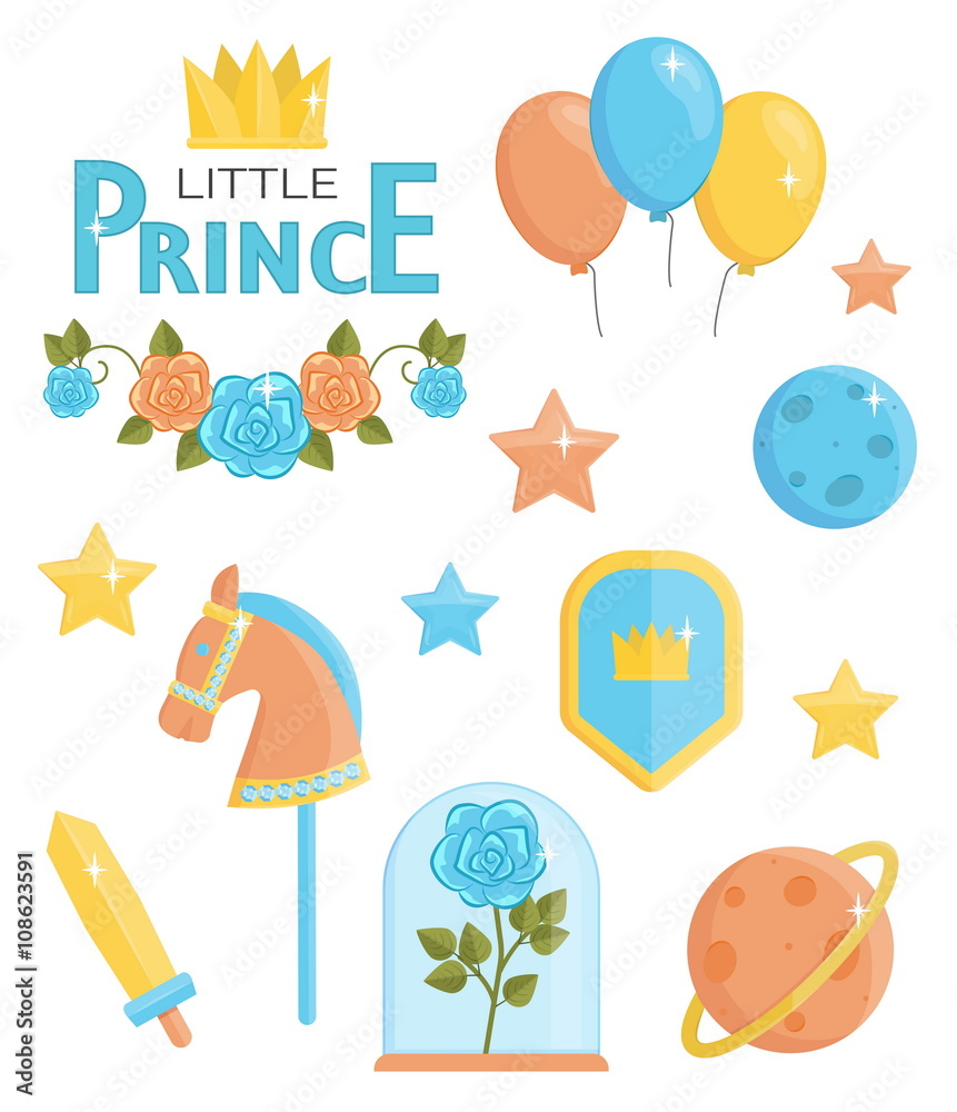 A set of cute little prince icons. Holiday and event decorations, design elements. Roses, planets, stars, toy weapons and horse.