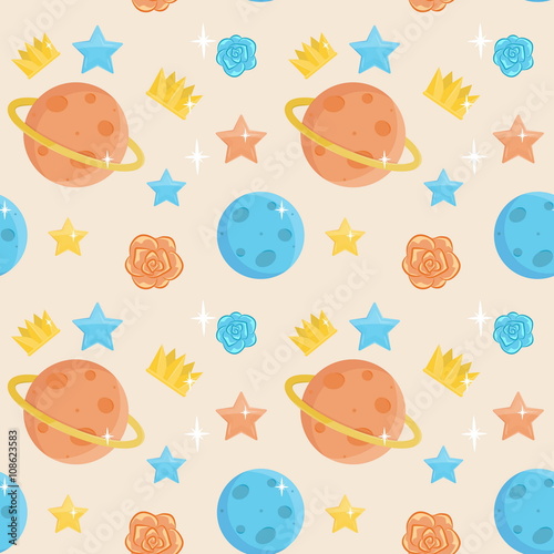 Seamless cute little prince pattern ornament. Holiday and event decorations, design elements. Roses, planets, stars and crowns.