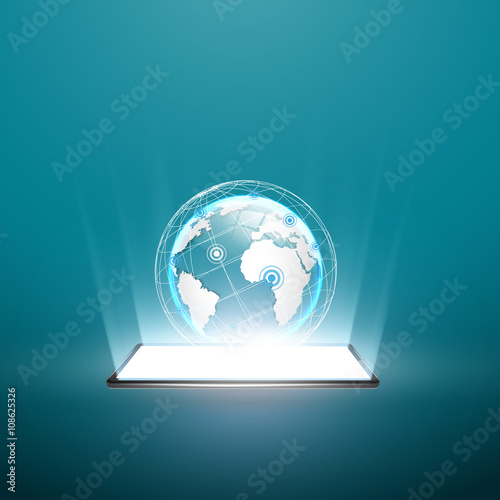Black smartphone with white screen. Planet earth on the screen. Three-dimensional image. Rays of light from the screen. Stock illustration.