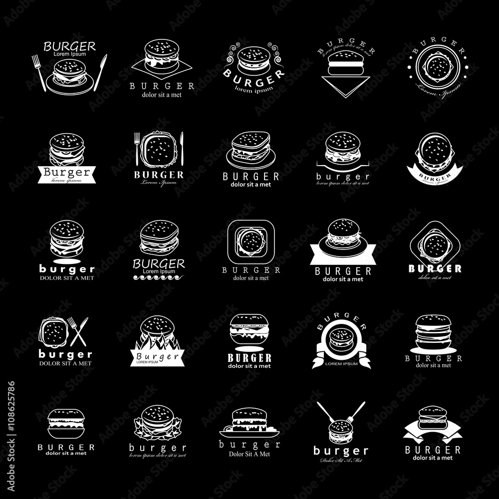 Burger Icons Set-Isolated On Black Background-Vector Illustration,Graphic Design.Food Concept
