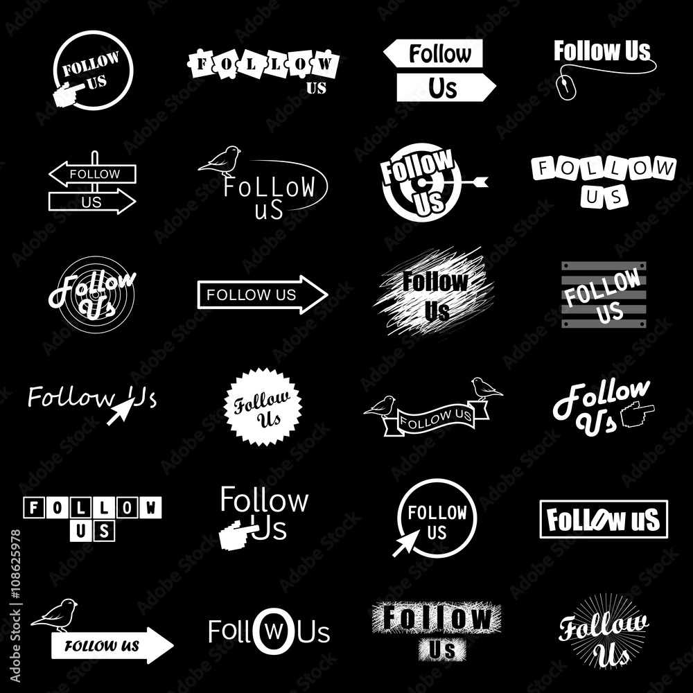 Follow Us Icons Set-Isolated On Black Background-Vector Illustration,Graphic Design