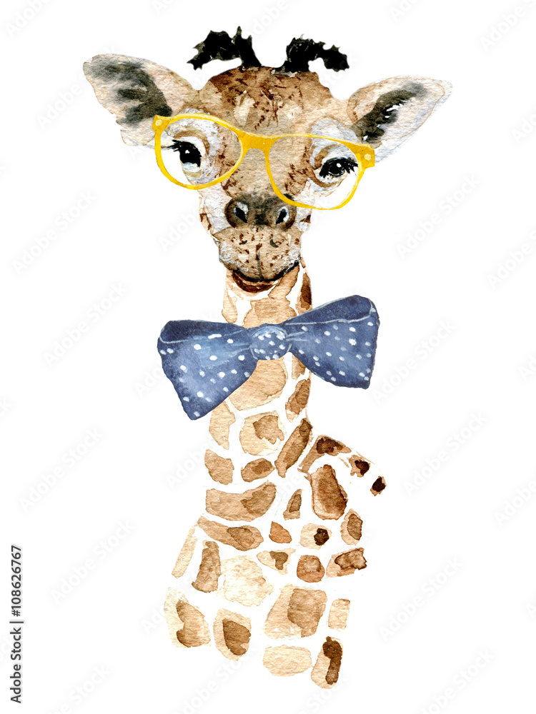Obraz premium Giraffe hipster. Watercolor painting. Can be used for postcards, prints and design.
