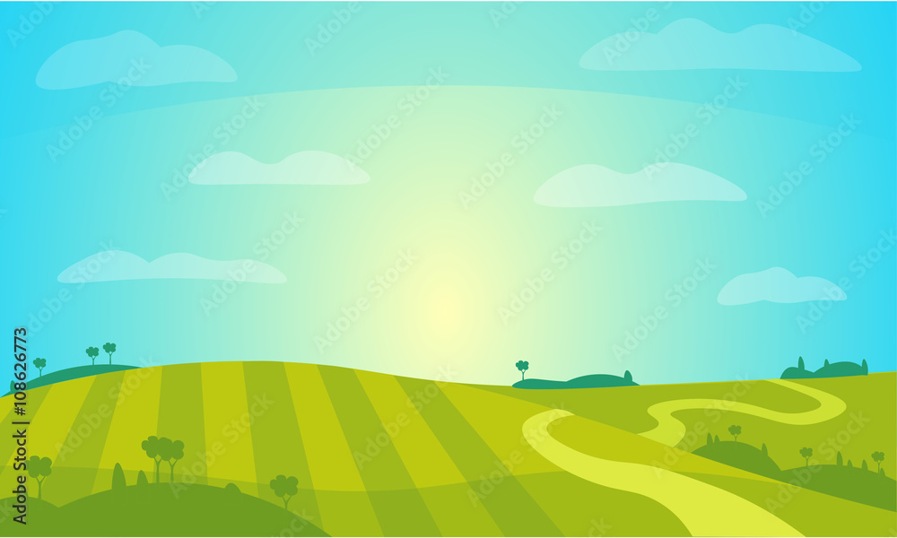 Vector Landscape with Sunny Field . Rural Farm Scenery Illustration.