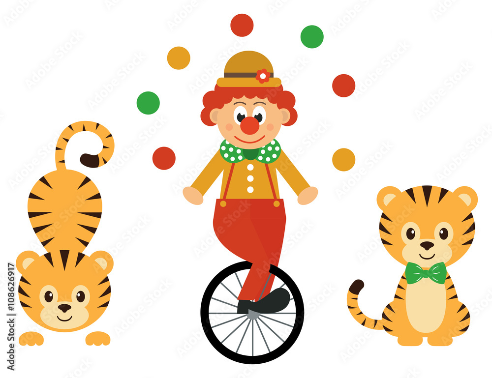 Fototapeta premium cartoon tiger and clown with bike set
