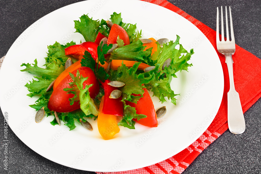 Healthy and diet food: Lettuce, tomato, pepper, seeds, oil, salt Healthy and diet food: Lettuce, tomato, pepper, seeds, oil, salt
