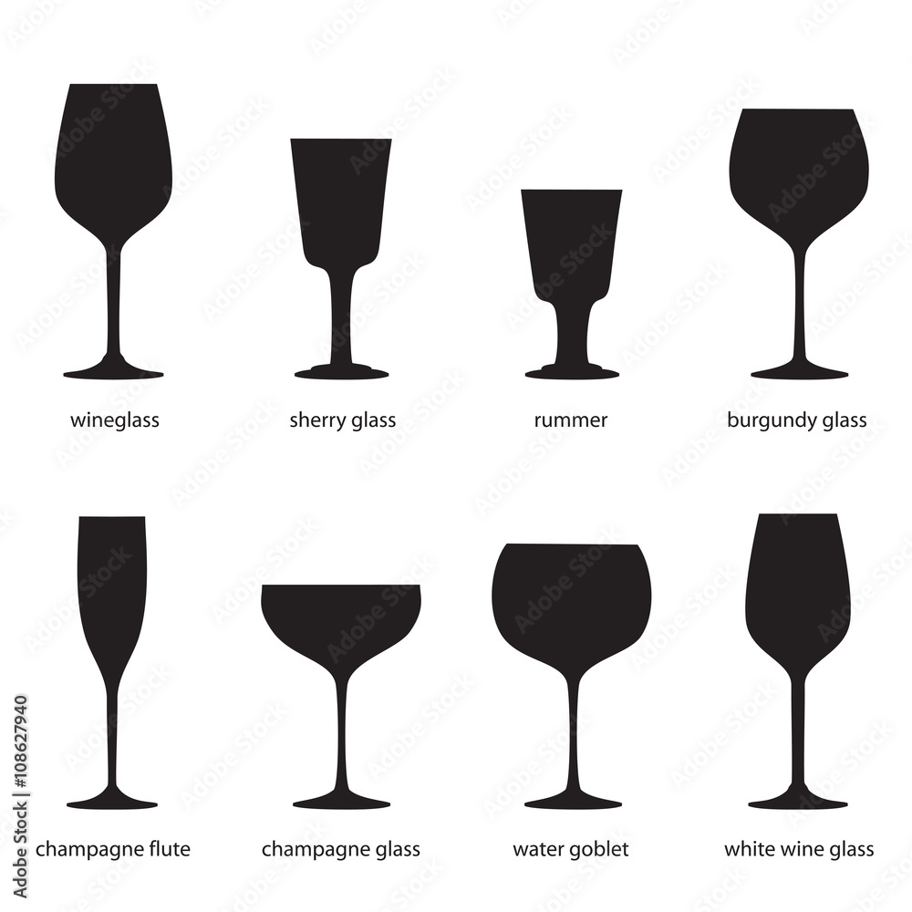 Kampioenschap punt Geloofsbelijdenis Kitchenware. Different kinds of glasses, names. Silhouettes of wine  glasses. Wineglass, sherry glass, rummer, burgundy glass, champagne flute,  champagne glass, water goblet, white wine glass. Stock Vector | Adobe Stock