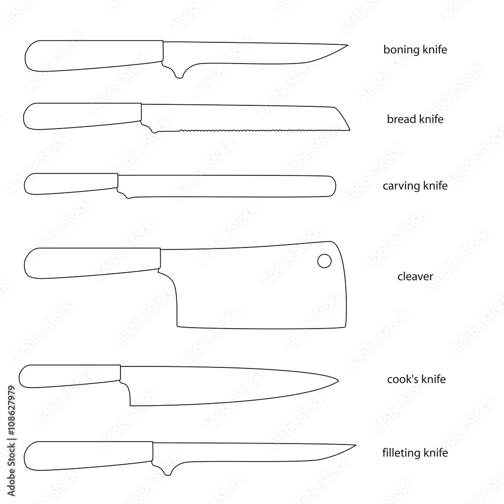 Kitchenware. Set of knives with names boning knife, bread knife