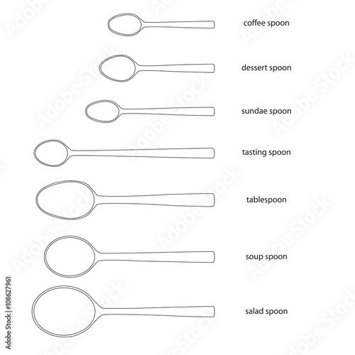 Kitchenware. Set of spoons salad spoon, soup spoon, tablespoon, tasting spoon, sundae spoon, dessert spoon, coffee spoon. Different kinds of spoons with names. Outlined spoons. Kitchenware.