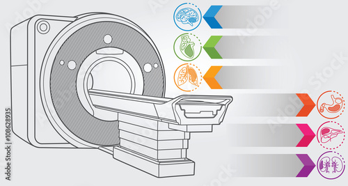 Illustration of MRI machine with simple design elements, clean line art for web and print design appealing for sport theme.