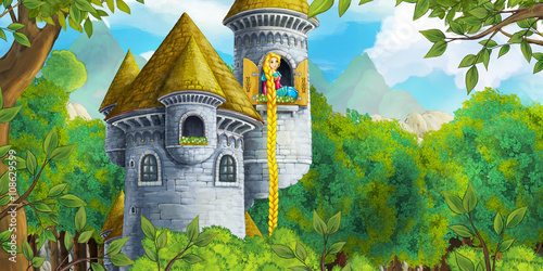 Cartoon fairy tale scene with castle tower - princess in the window - illustration for children