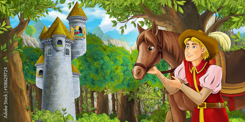 Cartoon fairy tale scene with prince encountering hidden tower - illustration for children