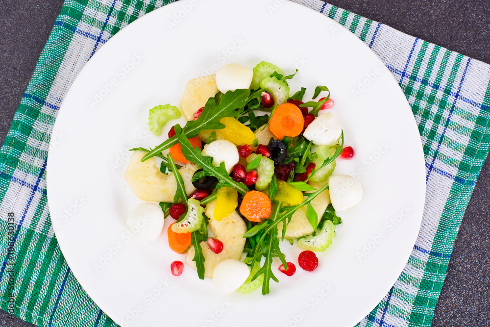 Dietary Delicious Salad on White Plate of Arugula, Par, Walnut a