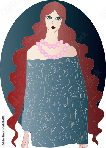 The Ghost of the Lady with  Red Wavy Hair, big eyes, dark lips in blue dress