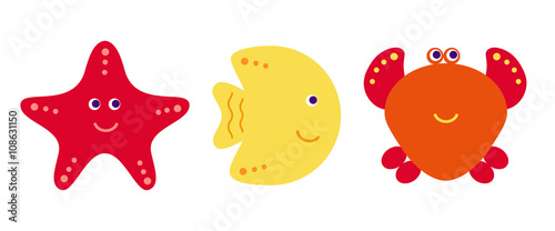 Cute vector cartoon fish, crab and starfish, icons set
