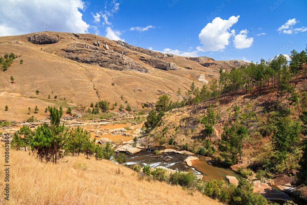 Beautiful landscape with a river and hills in Madagascar