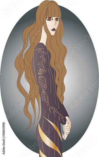 The Ghost of the Lady with  Wavy Hair, big eyes, dark lips in violete dress with floral print